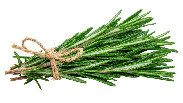 Fresh green rosemary herb sprigs tied with a rustic twine string