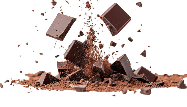 Dark chocolate chunks falling into splashing cocoa powder dynamic explosion on transparent background