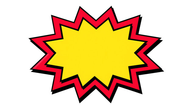 Yellow comic book starburst speech bubble with red outline and black shadow