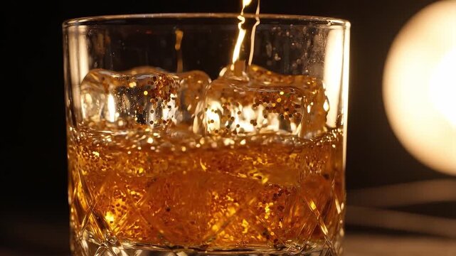 Amber liquor poured over ice in crystal tumbler. Whiskey drink preparation. Bar cocktail and spirits. Close-up beverage pour.
