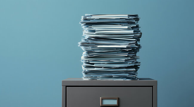 The grey metal cabinet accommodates a towering stack of paper documents. Files accumulate in the storage drawer next to the blue wall. For professional business administration, a systematic organizati