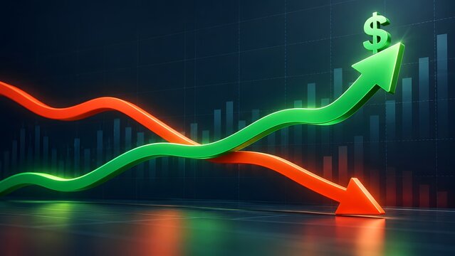 3D glowing financial graph with a rising green dollar arrow and falling red arrow showing stock market profit and loss