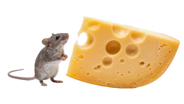 Small grey mouse standing next to a large wedge of yellow Swiss cheese with holes
