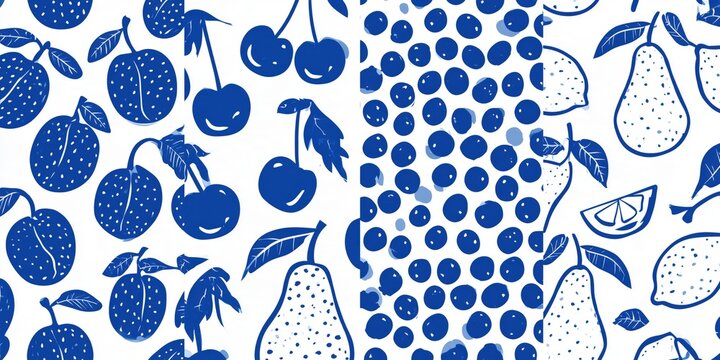 Seamless patterns show plums, cherries, lemons, pears, and berries drawn in simple vector style