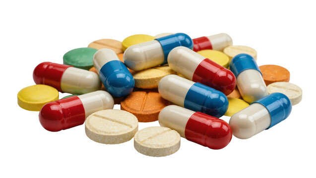 Colorful medical capsules and round pharmaceutical tablets in a pile