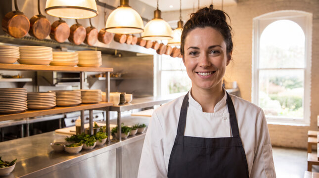 Woman chef in white jacket and dark apron smiling in a restaurant kitchen with hanging copper pots