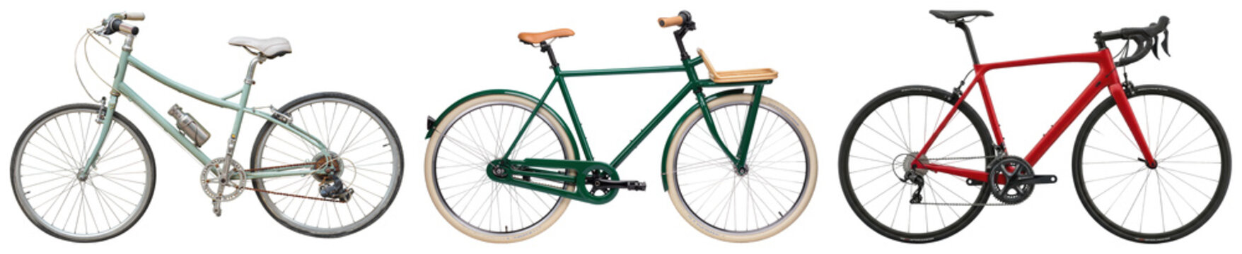 Variety of modern bicycles, city commuters and high-performance road bikes, isolated on transparent background.