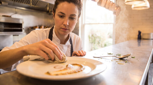 Chef wiping the rim of a plate with a cloth before sending a fish dish to the pass