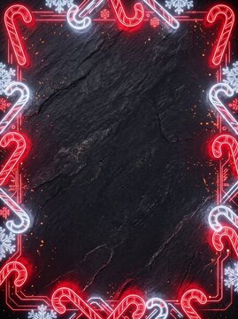 Futuristic Christmas promotional background with glowing neon candy cane border on dark slate texture and copy space, 3D render