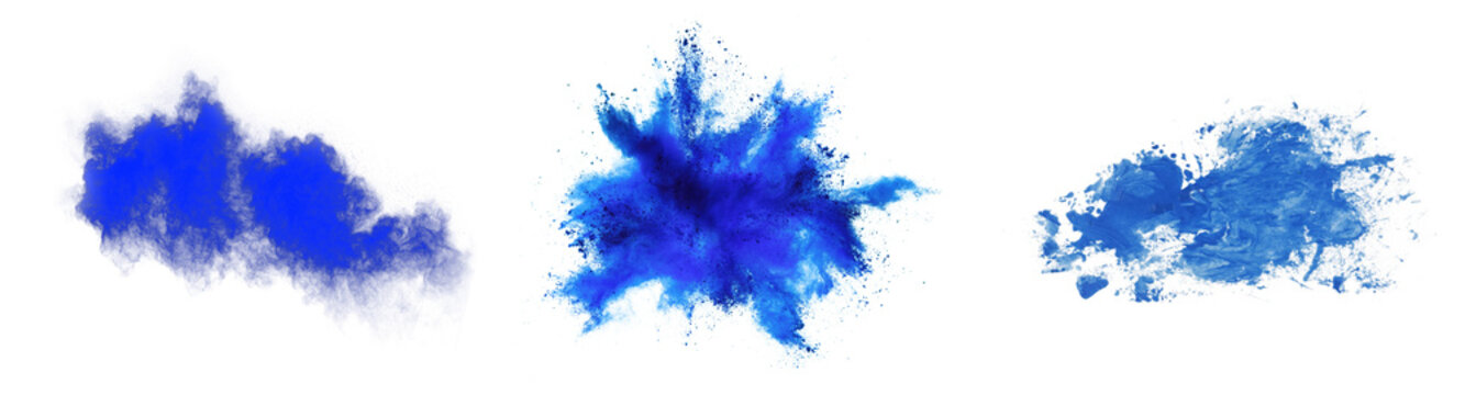 Collection of vibrant blue powder explosions and artistic paint splashes, isolated on a transparent background.