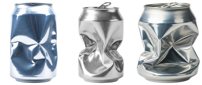 Photograph of three silver crumpled aluminum beverage cans, isolated on transparent background.