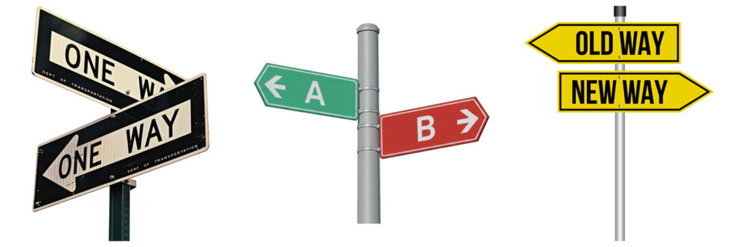 A photograph showing three sets of directional road signs representing choices, decisions, old versus new ways.