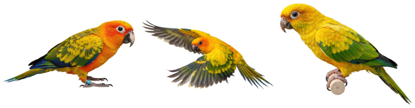 A collection of three vibrant Sun Conure parrots captured in various poses.