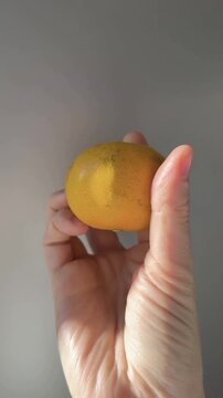 Hand Holding a Lemon Against a Grey Wall Vertical Video