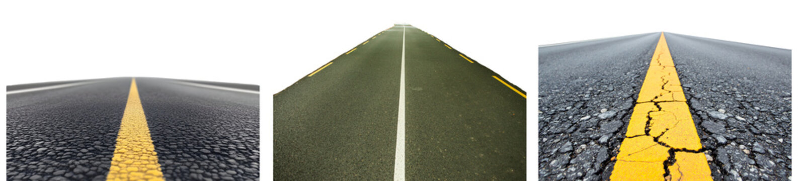 Diverse perspectives of asphalt roads with yellow and white markings.