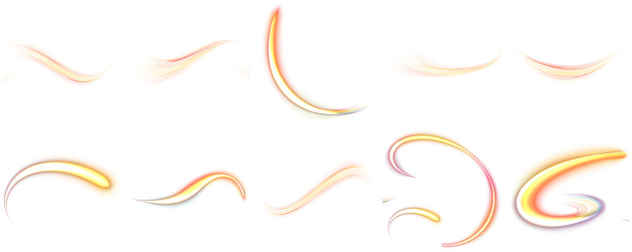 Dynamic collection of various colorful light streaks and vibrant glowing trails, isolated on a transparent background.