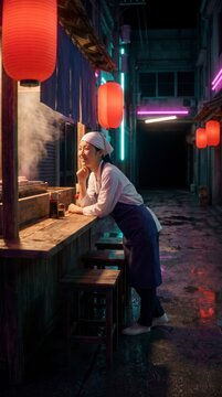 Vendor resting her chin on the counter of a lantern lit yakitori stall in a quiet night alley