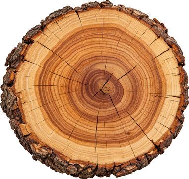 Natural Tree Trunk Cross Section with Detailed Growth Rings and Rough Bark Texture Isolated on White Background