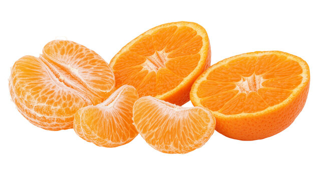Fresh juicy mandarin orange segments and halved citrus fruit pieces