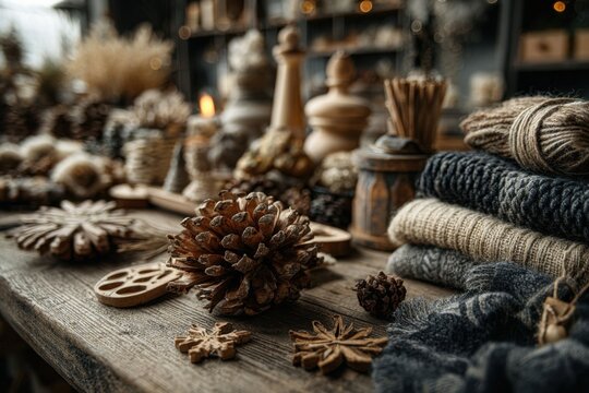 Creative holiday workspace with handcrafted Christmas ornaments, natural pinecones, and rustic materials