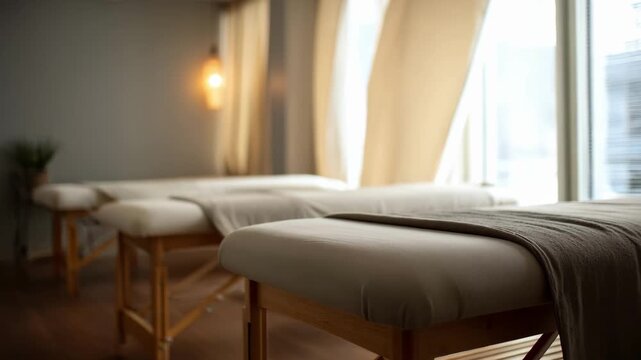 Minimalist massage table with clean lines beside window in tranquil treatment room, concept of spa relaxation and wellness therapy branding