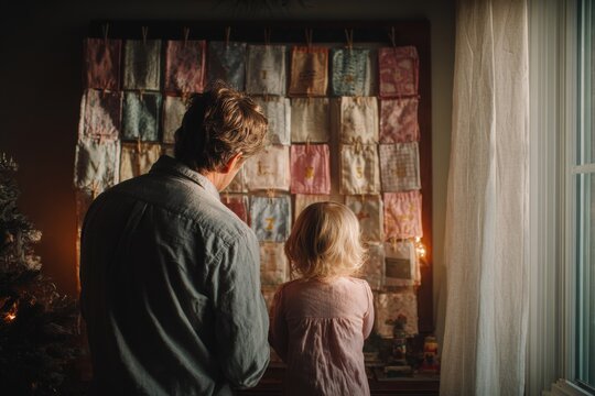 A family holiday tradition as parent and child arrange fabric pockets for a handmade Advent display