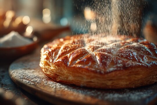 Delicate Galette des Rois finished with a dusting of powdered sugar and golden flaky crust