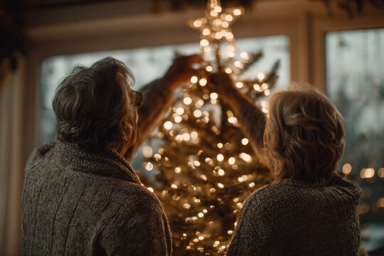 A parent crowns the Christmas tree with a shining star in a warmly lit living room