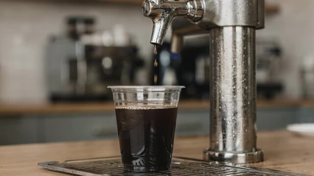 Plastic cup filling with cold brew coffee from dispenser tap tower, concept of modern beverage service and cafe equipment technology