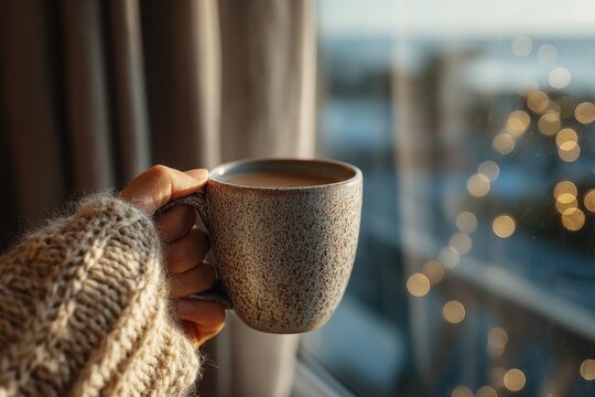 A quiet holiday morning unfolds as someone savors coffee beside a sunlit window