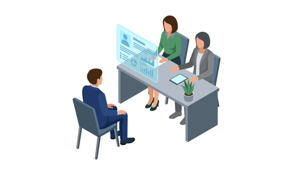 Isometric corporate recruitment interview using holographic screen