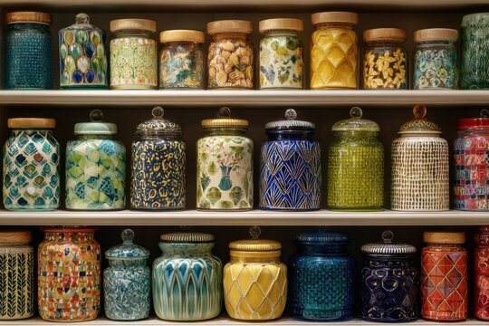 Vibrant decorative jars displayed on an open kitchen shelf add a playful touch to interior styling