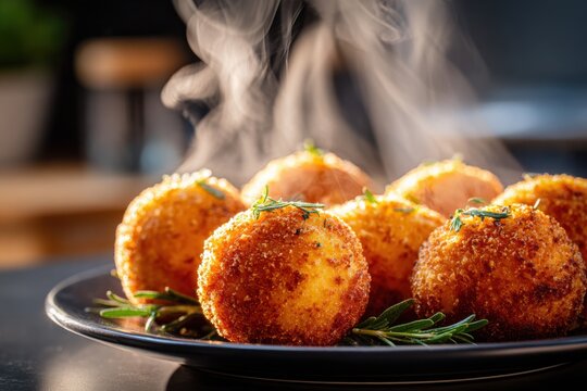 Golden-brown arancini with a crunchy coating, freshly cooked in an air fryer and ready to serve