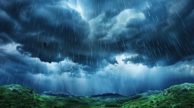 Dramatic Storm Clouds Over a Verdant Landscape with Heavy Rain and Lightning Strikes in the Distance