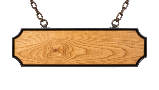 Rectangular wooden signboard with black metal frame hanging on iron chains
