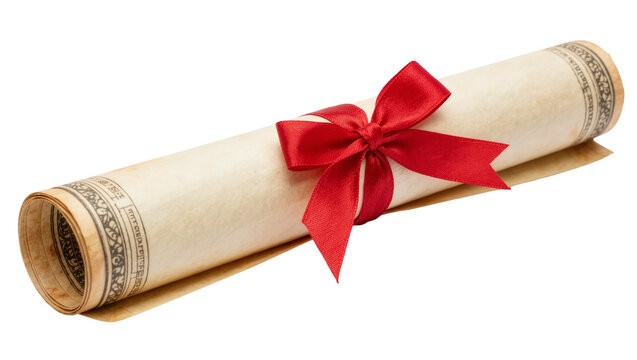 Rolled antique parchment scroll tied with a vibrant red silk ribbon bow
