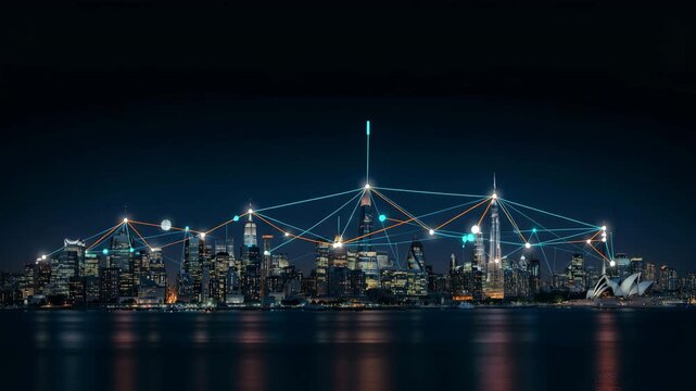 City skyline connected by glowing network lines at night