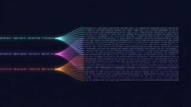 Binary data streams converging into neural network visualization with glowing core