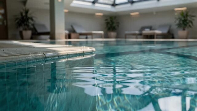 Indoor hotel lap pool with clear blue water, sun loungers and skylights in the background, symbolizing wellness, luxury travel and spa relaxation for hospitality branding