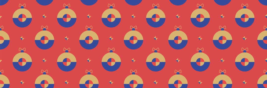 Christmas pattern xmas with bauble seamless ornament and winter snow vector. Retro vintage geometric with star abstract red and festive holiday wallpaper.