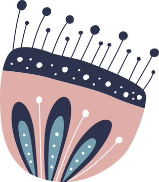 Abstract Floral Scandinavian Folk Art Element In Muted Pink Blue And Dark Gray. Good for Minimalist Textile Design Surface, Wallpaper or Pattern Background.