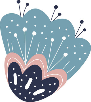 Scandinavian Folk Floral Illustration With Blue Pink And Navy Petals. Good for Minimalist Textile Design Surface, Wallpaper or Pattern Background.