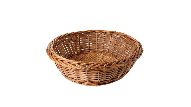 Empty round woven wicker basket isolated on transparent background