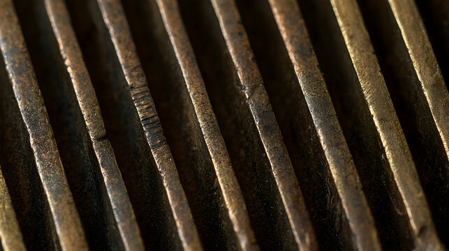 Vintage brass metallic texture macro shot, weathered metal radiator grill, rustic bronze linear background pattern