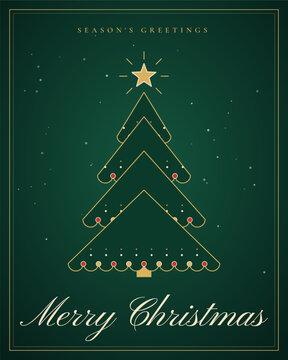 Merry Christmas greeting poster with minimalist gold Christmas tree, shining star, red ornaments, elegant typography and dark green background. Concept of festive holiday celebration seasonal greeting