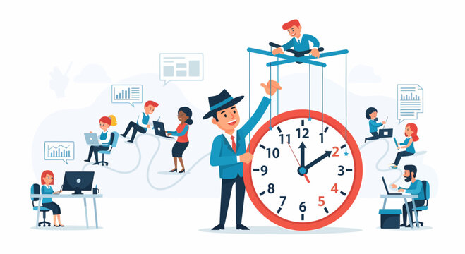 Time management and micromanagement concept with manager controlling employee puppet on clock, flat vector illustration
