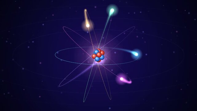 Atomic particles with glowing electron trails orbiting a nucleus