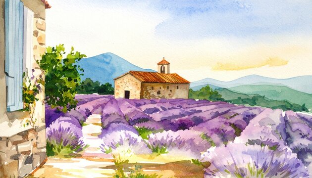 Expressive watercolor landscape of rolling lavender fields in Provence with an ancient stone farmhouse under a warm summer sky and soft distant hills