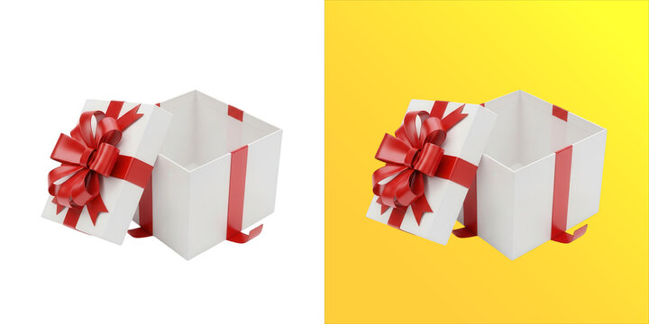 An open white gift box with a vibrant red ribbon bow on the lid, isolated on a white background, holiday or birthday celebration