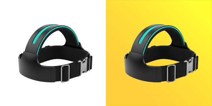 Black head strap with a teal light strip and adjustable buckles, isolated on a white background, representing wearable technology and gear